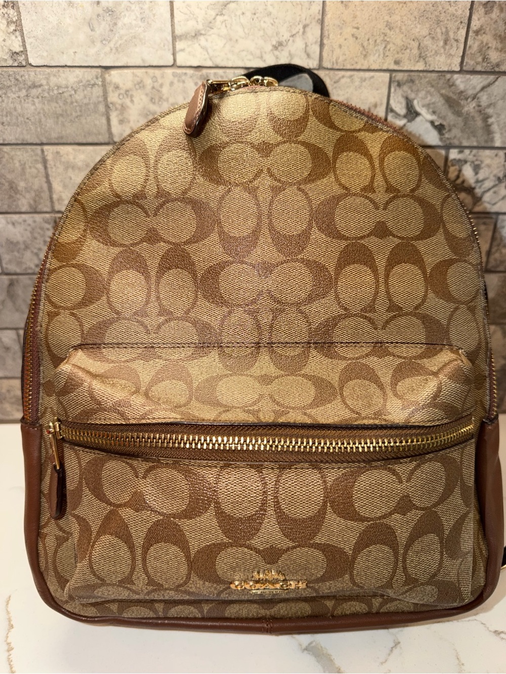 Coach 2021  Signature Canvas Medium Backpack with Brown Trim